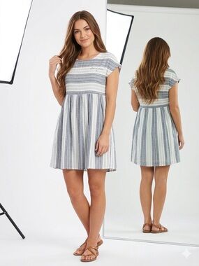 Altar'd State Dress Medium M Gray White Striped Cotton Mini Boho Babydoll Lined
